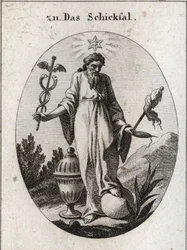 Allegori over skæbnen. En stjerne over den viser astrologiens virkninger på begivenhederne i menneskelivet. Den holder med den ene hånd et løvfældende symbol på sin magt og med den anden et symbol på dunhammer og en spindel, hvis brudte tråd angiver