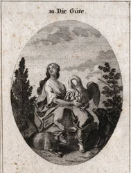 Allegori om godhed repræsenteret af en ædel og rigelig skønhed, der ser på himlen med kærlighed. Pelican symboliserer næstekærlighed, hundetroskab og lam, sødme. Indgravering i "" ikonologi eller ideer fra feltet af lidenskaber og allegorier billedligt rep