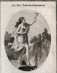 Allegori om hensynsløshed. Hun går og ser på en sommerfugl uden at se, at der er et afgrund ved hendes fødder. Kompaerne og reglerne viser, at hun ikke holder eller kender nogen mål. Gravering i "" Iconologie oder Ideen aus dem Gebiete der Leid