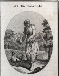 Allegori over jalousien, der spidser øre på den ene side og ser, hvad der sker, på den anden. Hendes kjole er prikket med øjne og ører, og buketten af torne, hun holder, viser, at hendes pine er frivillig. Hanen, jaloux og årvågen, er hendes symbol.