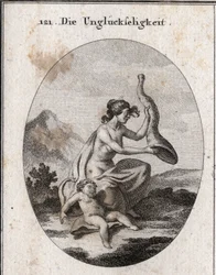 Allegori om ulykke repræsenteret mager og omfattende. Hendes egenskaber er et horn af overflod, som hun ryster og er tomt, og et barn, der går til grunde af sult. Gravering i "" Iconologie oder Ideen aus dem Gebiete der Leidenschaften und Allegorien bi