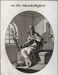 Allegori om beskedenhed. Dens symbol er en gren af liljer og en skildpadde, der betyder, at beskedne kvinder skal fjernes fra deres hjem. Hans ansigt er dækket af et slør. Gravering i "" Iconologie oder Ideen aus dem Gebiete der Leidenschaften und Allegori