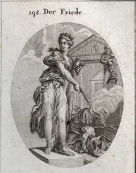 Allegori om fred. Hun bærer en krans af oliventræer og holder en kølle, mens hun brænder en trofee af våben med en fakkel. Bag den betyder statuen af Plutus, at overflod og rigdom er dens fordele. Gravering i "" Iconologie oder Ideen aus dem Gebiete