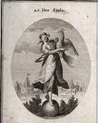 Allegori over stolthed fremstillet ved en ung pige med bind for øjnene placeret på en kugle, et symbol på hendes ringe fasthed. Påfuglen symboliserer den hovmodige ånd. Den rige beklædning dækker hendes fattige tøj for at vise det ydre. Stik i „Iconologie