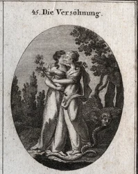Allegori om forsoning præget af to kvinder, der kysser hinanden. Den ene holder en olivengren, symbol på fred, og den anden skare under fødderne en slange med menneskeansigter, emblem på bedrageri og mekanet. Gravering i "" Iconologie oder Ideen aus de