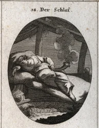 Allegori over søvnen på en ibenholtsseng, ved siden af hvilken en bæk flyder. Han holder en sort og poleret kegle, hvorfra der kommer damp, som betyder drømme. Gravure i “Iconologie oder Ideen aus dem Gebiete der Leidenschaften und Allegorien bildlich