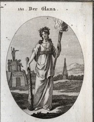 Allegori om pragt. Klubben, som den er afhængig af, er symbolet på dyder. Kæden og guldmedaljen er belønningen. Lysfakkelen er let til smukke gerninger. Gravering i "" Iconologie oder Ideen aus dem Gebiete der Leidenschaften und Allegorien bi