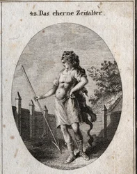 Allegory of the Copper Age repræsenterer som en vagtpost nær et hegn i en stolt holdning våben af ​​et korselet og et spyd og kasket af en løveskind. Indgravering i "" ikonologi eller ideer fra feltet af lidenskaber og allegorier billedligt afbildet fu