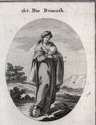 Allegori om ydmygheden. Under hans fod en krone af guld beriget med ædelstene. Hun betragter dedain en bold, der repræsenterer jorden, som hun savner storheden af. Gravering i "" Iconologie oder Ideen aus dem Gebiete der Leidenschaften und Alleg