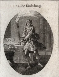 Allegori på invitationen som en ung mand med et grinende ansigt, der inviterer til et bord dækket med tallerkener. Faklen, han holder, er Comus egenskab, gud for fester og natfester. Gravering i "" Iconologie oder Ideen aus dem Gebiete der Leidenschaften