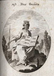 Allegori over loven. Hans strålende diadem markerer hans guddommelige oprindelse. Scepteret betegner hans autoritet, og den åbne eller indskrevne bog «In Legibus Salus» betyder, at den lover en belønning til dem, der adlyder den. Stik i «Iconologie oder