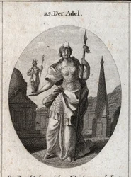 Allegori over adelen. Stjernen betyder forhøjelse af følelser. Statuen af Minerva og spydet markerer, at den kan opnå fortjeneste inden for videnskab og våben. Gravering i "" Iconologie oder Ideen aus dem Gebiete der Leidenschaften und Allegorien billede