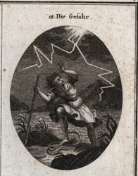 Allegori om faren repræsenteret af en ung mand, der flygter fra en hurtig strøm ved at sætte foden på en slange, der stikker ham, og samtidig slog en torden bag ham. Gravering i "" Iconologie oder Ideen aus dem Gebiete der Leidenschaften und Allego