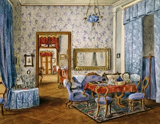 Soveværelse i Biedermeierstil, omkring 1830, akvarel, Østrig