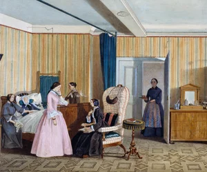 Biedermeier stil soveværelse, akvarel, Østrig