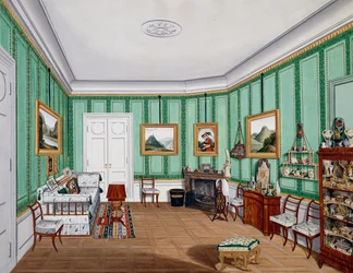Værelse i Biedermeierstil, omkring 1850, akvarel, Østrig