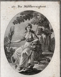 Clemence allegori. Hun er repræsenteret med et spyd og en olivengren for at indikere, at hun har magten til at straffe, men også til at tilgive. Løven er generosits egenskab. Gravering i "" Iconologie oder Ideen aus dem Gebiete der Leidenschaften un