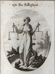 Equity allegori med to vægte i samme højde. Hendes egenskab er overflodens horn for at vise, at hun belønner med godhed efter at have ryddet rigtigt. Gravering i "" Iconologie oder Ideen aus dem Gebiete der Leidenschaften und Allegorien bildic