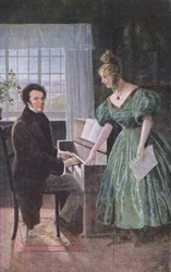 Franz Peter Schubert (1797-1828) spiller klaver, postkort ca. 1910