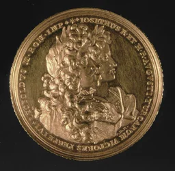 Medaljon med portrætter af de hellige romerske kejsere Leopold I (1640-1705) og Joseph I (1678-1711) af Philipp Heinrich, 1692 (guld)