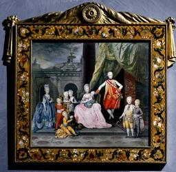 Portræt af Pierre-Leopold af Habsburg-Lorraine (Pierre Leopold af Habsburg Lorraine) (1747-1792) (dengang Leopold II af Det Hellige Rige eller Østrig) omgiver med sin familie (hans kone Marie Louise og deres 8 børn) Miniaturemaleri. 1776 Wien Hofbour