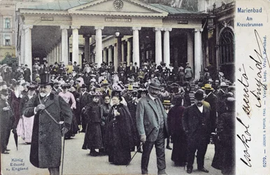 Postkort, der viser kong Edward VII (1841-1910) på besøg i Marienbads kurbad, ca. 1905