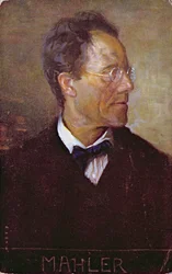 Postkort med et portræt af Gustav Mahler (1860-1911) ca. 1910 (farvelitografi)