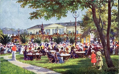 Postkort, der viser terrassen på Meierei-Tivoli-cafeen, Schönbrunn-kvarteret, Wien