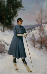 Pige på ski (olie på lærred)