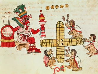 Gambling Patoli og guden, Xochipilli, fra Codex Magliabechiano (vellum)