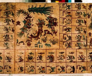 Fremstilling af aztekiske guddomme og felter svarende til kalenderen. Side fra det aztekiske manuskript på bark „Codex Borbonicus“, præcolumbiansk indfødt kodeks fra det centrale Mexico, slutningen af det 15. århundrede. Nationalforsamlingens bibliotek
