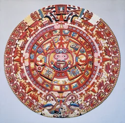 Præcolumbiansk civilisation: Aztekernes kalender (Solens sten): skive, der repræsenterer den aztekiske kalender og kosmogonien (Tonalpohualli)