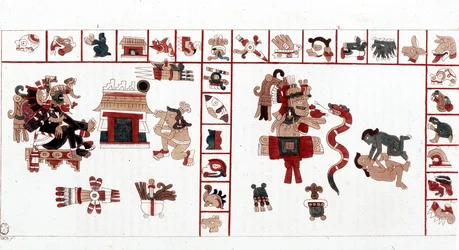 Den aztekiske gud Cihuacohuatl repræsenteret i et hieroglyfisk manuskript, piktogrammer.
