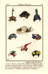 Damehattedesign af milliner Marcelle Demay. Modeller af Marcelle Demay. Håndfarvet pochoir (stencil) radering efter en illustration af B. Berty fra Tommaso Antonginis Journal des Dames et des Modes, Aux Bureaux du Journal des Dames, Paris