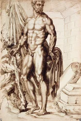 Hercules vendte sig mod venstre, lænede sig op ad sin kølle, med gardiner, ved ruinerne af et tempel,