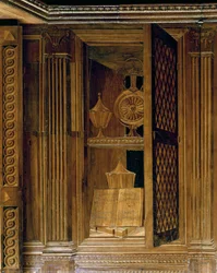 Intarsia paneler, der viser et skab med en gitterdør, i studiet af Federigo da Montefeltro, hertugen af Urbino (træ)