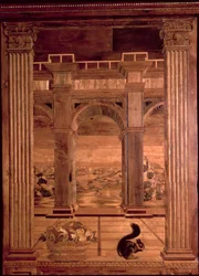 Studiet af Federigo da Montefeltro, hertug af Urbino: intarsia-paneler, der viser et omfattende landskab set gennem buerne på en arkadeformet terrasse, designet af Baccio Pontelli (d.1492)
