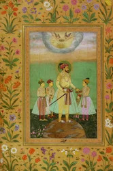 Shah Jahan (1592-1666) står på en stor klode omgivet af sine fire børn, fra Minto-albummet