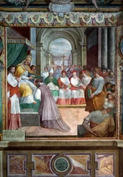Celestine III indviede den første biskop af Viterbo i 1192, detaljer af fresker af Baldassare Croce