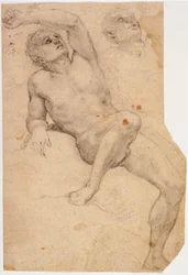 Siddende mandlig model lænket til en klippe samt et studie til hans hoved