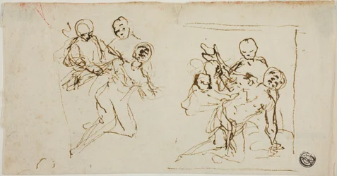 To kompositionsskitser af en sammenfaldende figur støttet af to andre figurer (recto); kompositionsskitse af en knælende figur ledsaget af to andre figurer