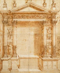 Design til et alter med et pedimenteret tabernakel understøttet på parrede korintiske statuer af Saint Lucy, Saint Agnes, Saint Ansanus og Saint Stephen i nicher mellem disse