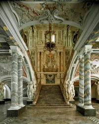 Udsigt over den store trappe på Augustusburg Slot, tegnet af arkitekten Johann Balthasar Neumann (1687-1753), Brühl, Tyskland