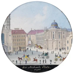 St. Michael-pladsen i Wien - Balthasar Wigand (1770-1846). Akvarel på papir, ca 1835. Mål : D 7 cm. Privat samling