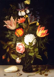 Stilleben med blomster i et rømerglas og to skaller