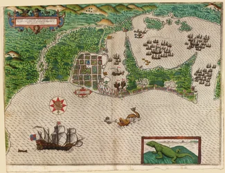 Cartagena, fra Drakes West Indian Voyage 1585 - 86, pub. 1589 (håndfarvet gravering)