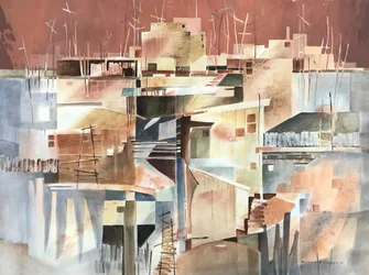Abstrakt Pueblo, ca. 1980-90 (akvarel på papir)