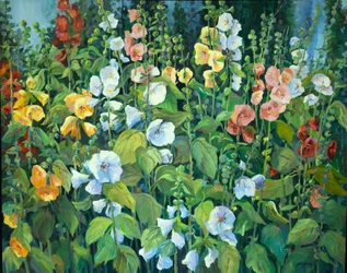 Hollyhocks, ca. 1990-2005 (olie på lærred)