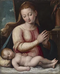 Madonna, der tilbeder barnet, ca.1580-1600 (olie på lærred monteret på panel)