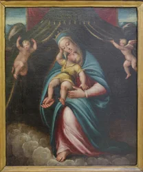 Madonna med barn under en baldakin holdt af to engle (maleri)